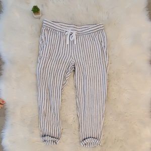 Blue and white stripe linen capris